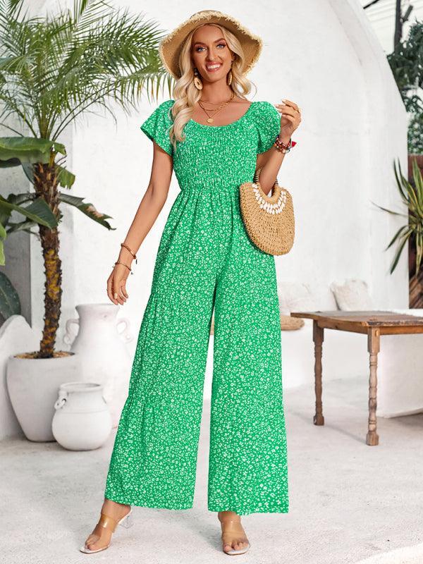 Women's small floral print round neck jumpsuit - 808Lush