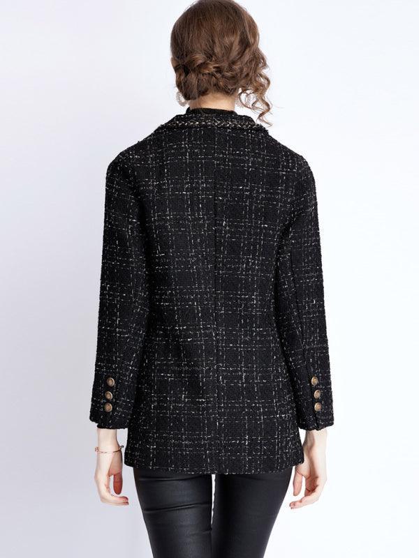 Women's small fragrant wind long sleeve tweed tartan jacket - 808Lush