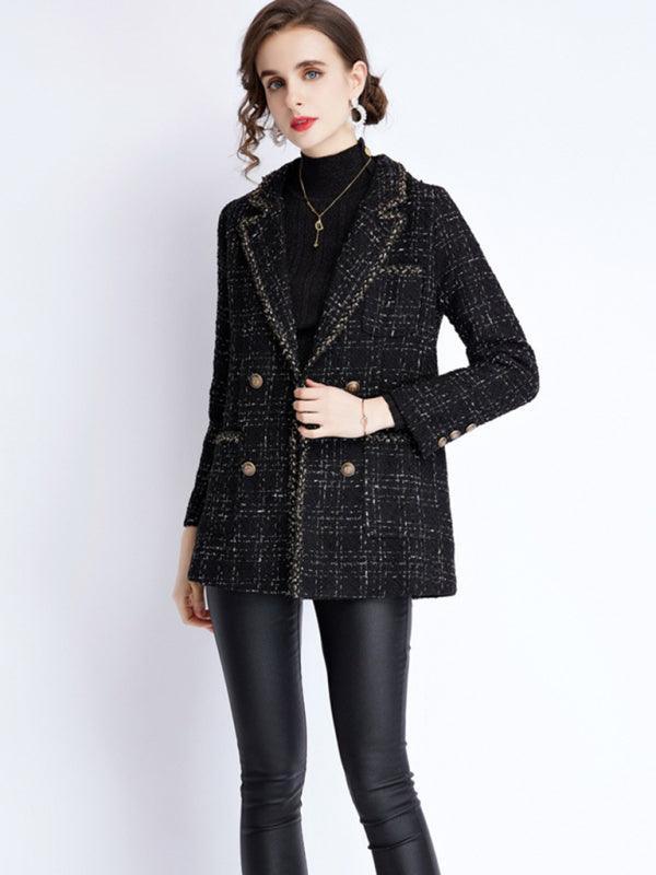 Women's small fragrant wind long sleeve tweed tartan jacket - 808Lush