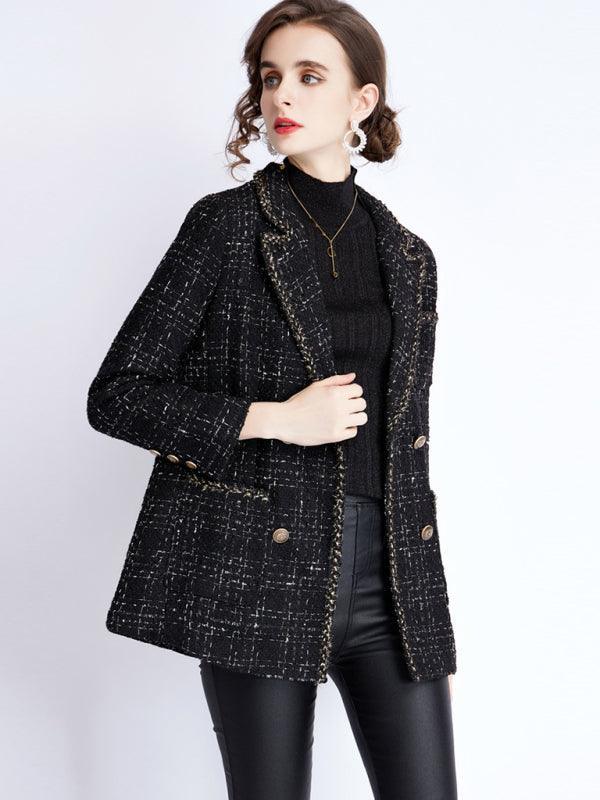 Women's small fragrant wind long sleeve tweed tartan jacket - 808Lush