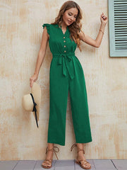 Women's solid color V-neck one-breasted button-up earring sleeve mid-waist strappy jumpsuit - 808Lush