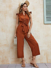 Women's solid color V-neck one-breasted button-up earring sleeve mid-waist strappy jumpsuit - 808Lush