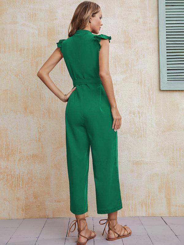 Women's solid color V-neck one-breasted button-up earring sleeve mid-waist strappy jumpsuit - 808Lush