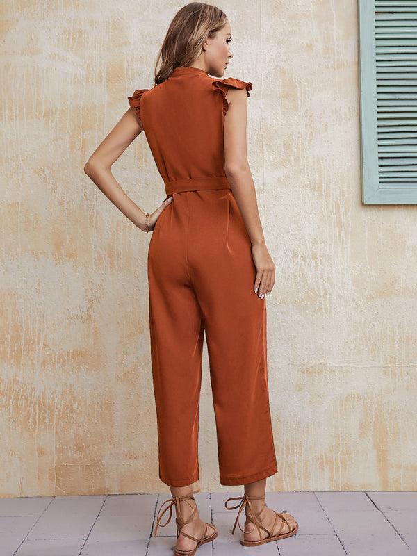 Women's solid color V-neck one-breasted button-up earring sleeve mid-waist strappy jumpsuit - 808Lush