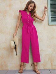 Women's solid color V-neck one-breasted button-up earring sleeve mid-waist strappy jumpsuit - 808Lush