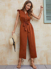 Women's solid color V-neck one-breasted button-up earring sleeve mid-waist strappy jumpsuit - 808Lush