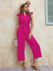 Women's solid color V-neck one-breasted button-up earring sleeve mid-waist strappy jumpsuit - 808Lush