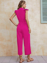 Women's solid color V-neck one-breasted button-up earring sleeve mid-waist strappy jumpsuit - 808Lush