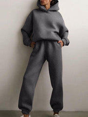 Women's solid color casual fashion trousers thickened long-sleeved hooded set - 808Lush