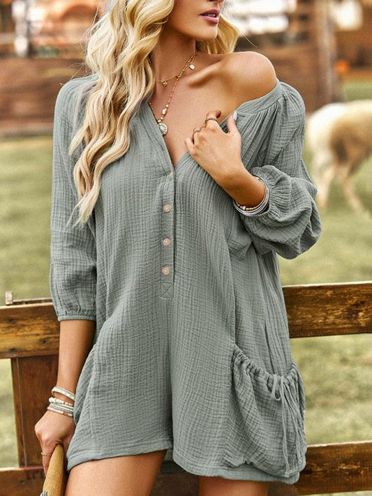 Women's solid color casual loose cotton and linen jumpsuit - 808Lush
