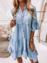 Women's solid color half-sleeved A-line denim dress - 808Lush