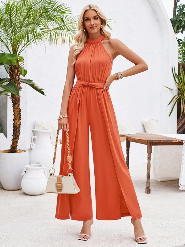 Women's solid color halterneck strappy jumpsuit - 808Lush