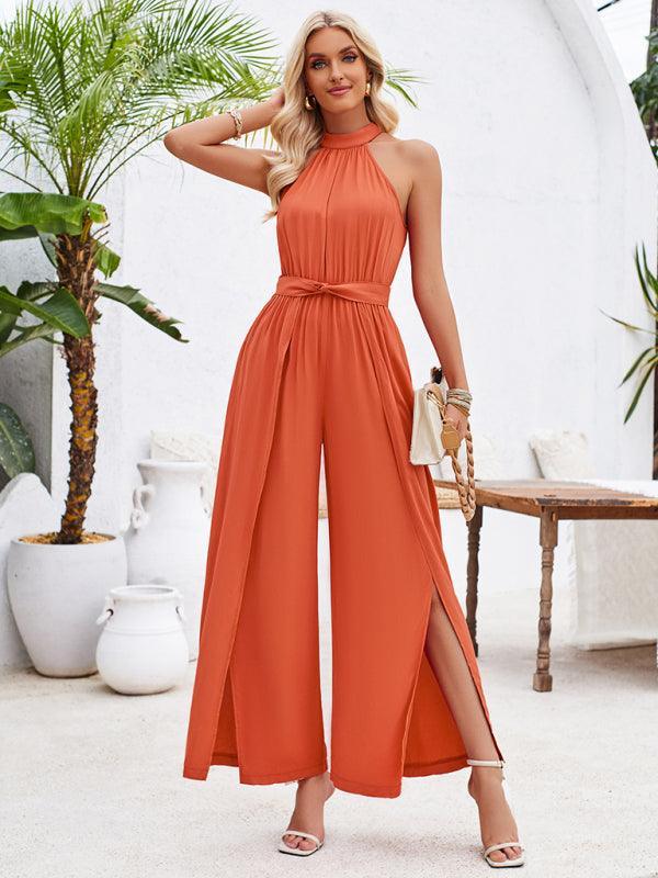 Women's solid color halterneck strappy jumpsuit - 808Lush