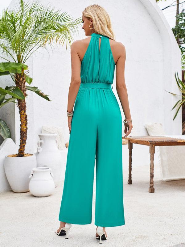 Women's solid color halterneck strappy jumpsuit - 808Lush