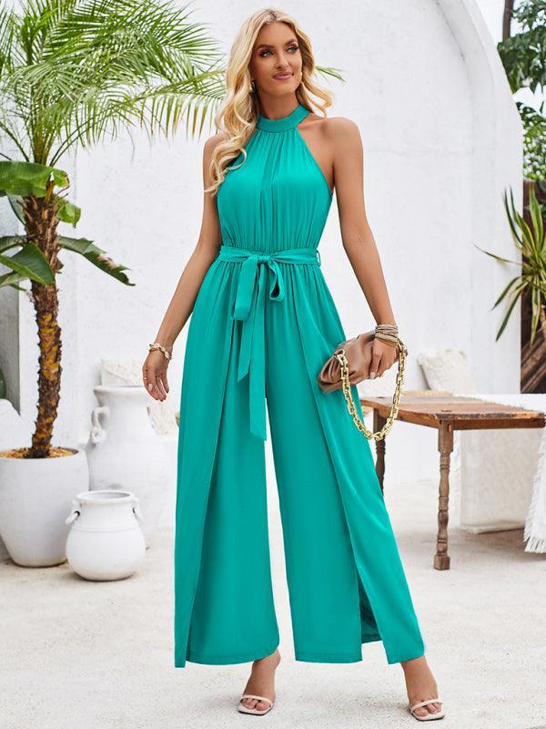 Women's solid color halterneck strappy jumpsuit - 808Lush