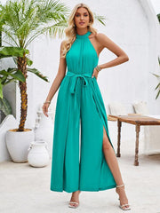 Women's solid color halterneck strappy jumpsuit - 808Lush