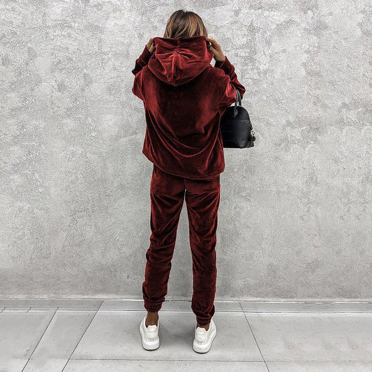 Women's solid color hooded sports casual velvet suit - 808Lush
