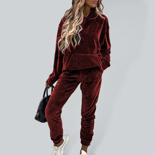Women's solid color hooded sports casual velvet suit - 808Lush