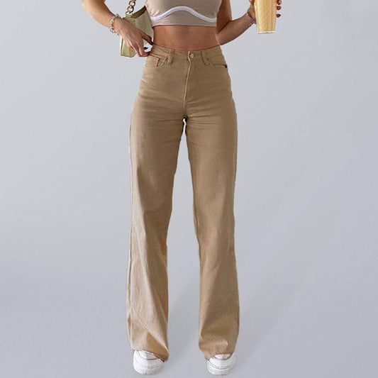 Women's solid color jeans loose slim high waist women's casual trousers - 808Lush