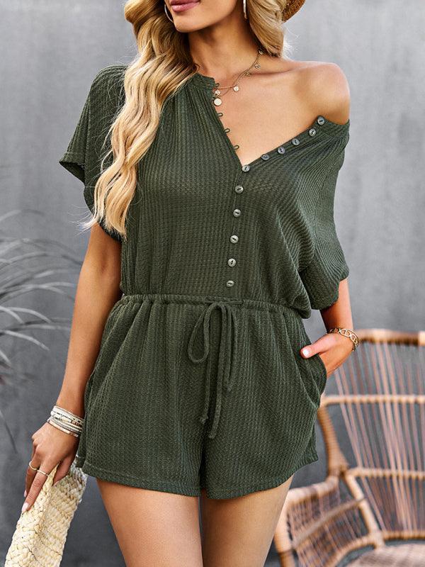 Women's solid color jumpsuit casual home shorts - 808Lush