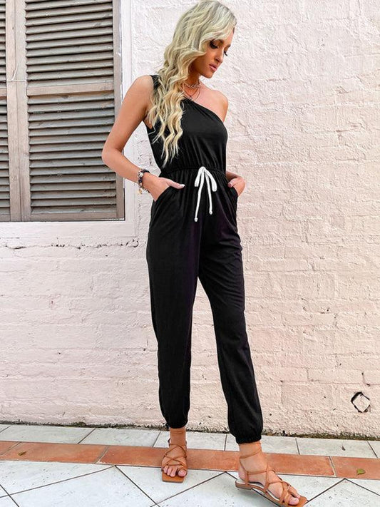 Women's solid color one-shoulder suspender jumpsuit - 808Lush