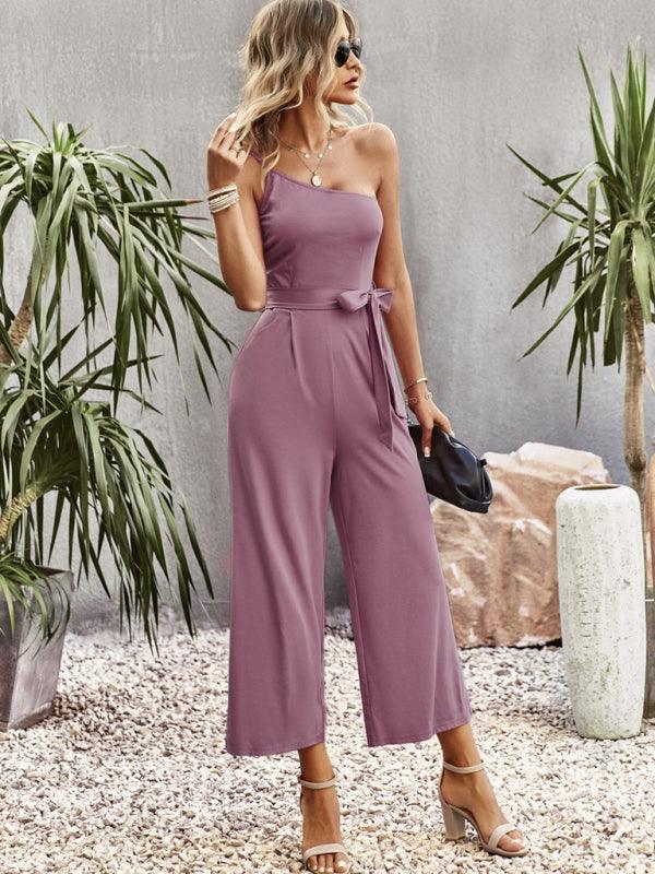 Women's solid color one-shoulder tie jumpsuit - 808Lush