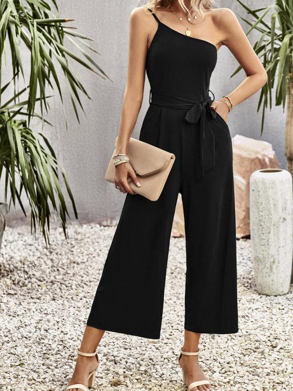 Women's solid color one-shoulder tie jumpsuit - 808Lush