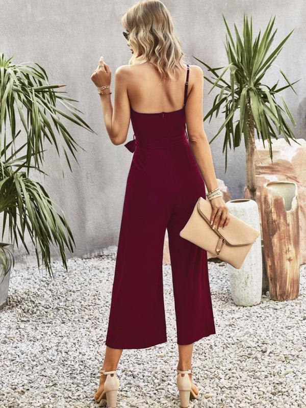 Women's solid color one-shoulder tie jumpsuit - 808Lush