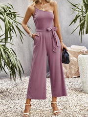 Women's solid color one-shoulder tie jumpsuit - 808Lush