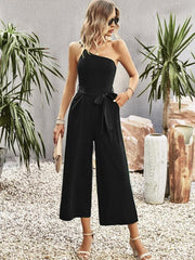 Women's solid color one-shoulder tie jumpsuit - 808Lush