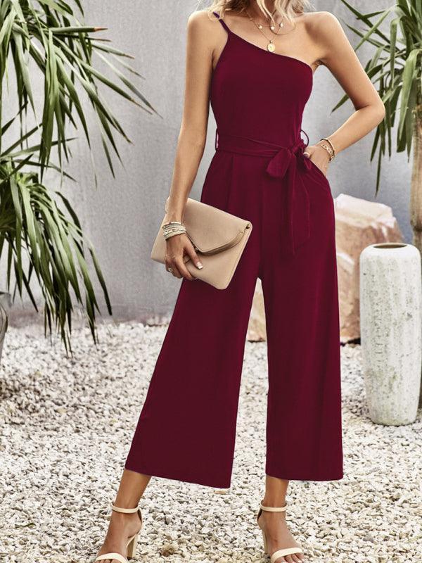 Women's solid color one-shoulder tie jumpsuit - 808Lush