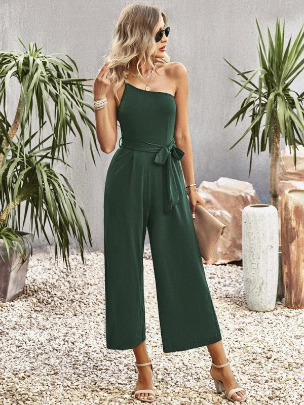 Women's solid color one-shoulder tie jumpsuit - 808Lush