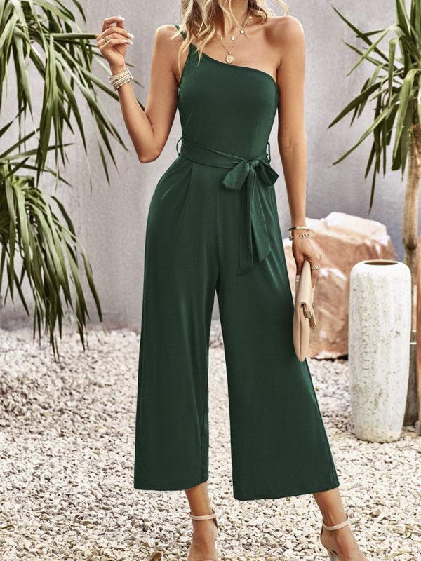 Women's solid color one-shoulder tie jumpsuit - 808Lush