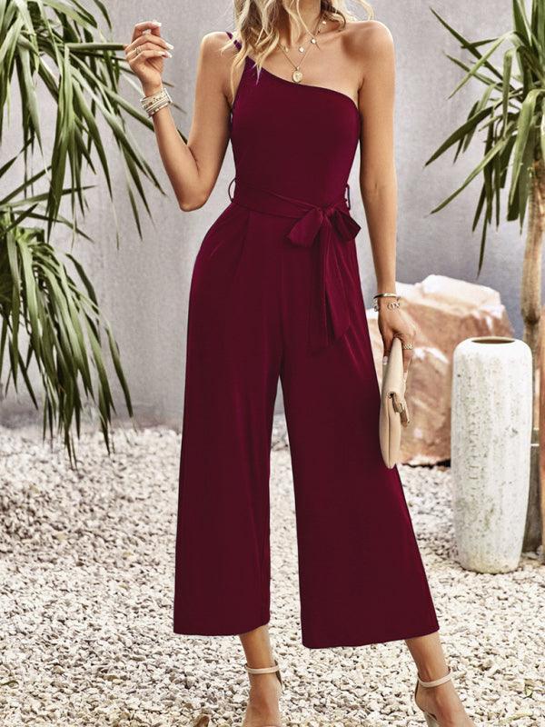 Women's solid color one-shoulder tie jumpsuit - 808Lush