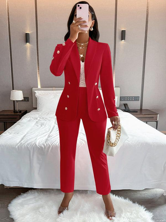 Women's solid color suit collar double breasted casual suit - 808Lush