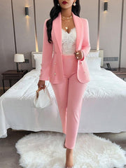 Women's solid color suit collar double breasted casual suit - 808Lush