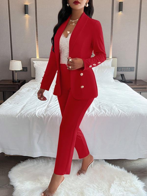 Women's solid color suit collar double breasted casual suit - 808Lush