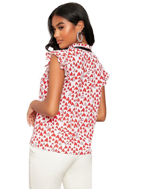 Women's spring and summer loose sleeveless lotus leaf edge print shirt - 808Lush