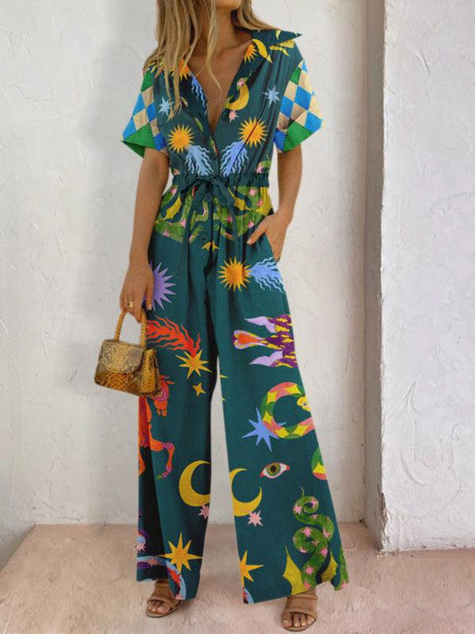 Women's street style women's printed cotton trousers jumpsuit high waist casual pants - 808Lush