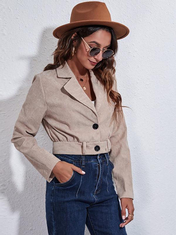 Women's suit collar corduroy jacket autumn winter long sleeve short coat - 808Lush