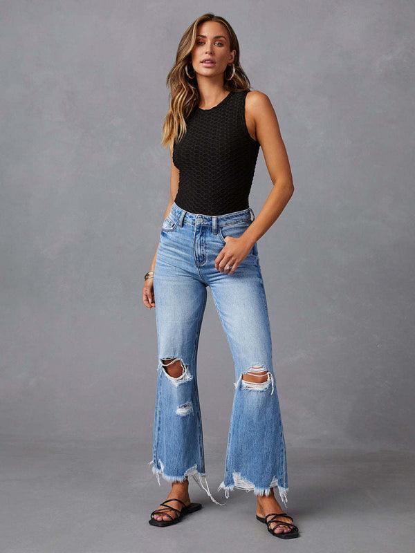 Women's tassel washed ripped wide leg jeans - 808Lush