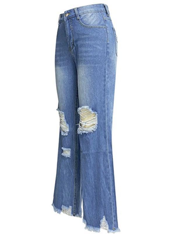 Women's tassel washed ripped wide leg jeans - 808Lush