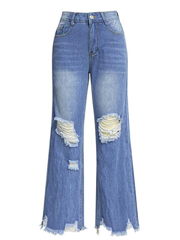 Women's tassel washed ripped wide leg jeans - 808Lush