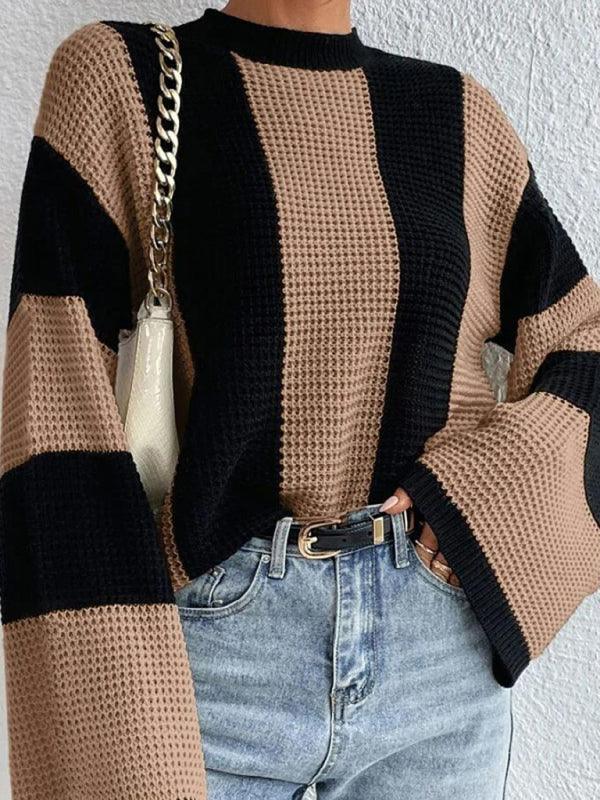 Women's tops round neck thick stitched wide striped sweater - 808Lush