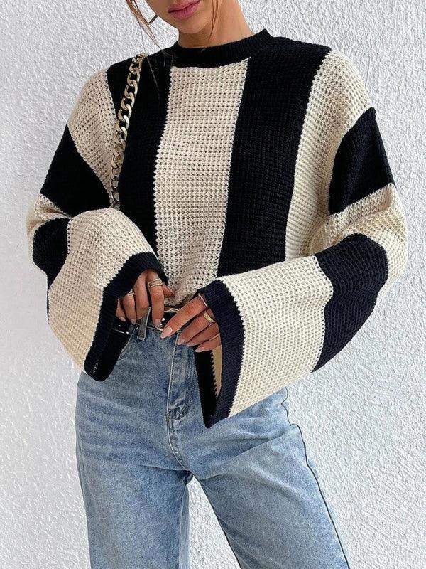 Women's tops round neck thick stitched wide striped sweater - 808Lush