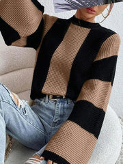 Women's tops round neck thick stitched wide striped sweater - 808Lush