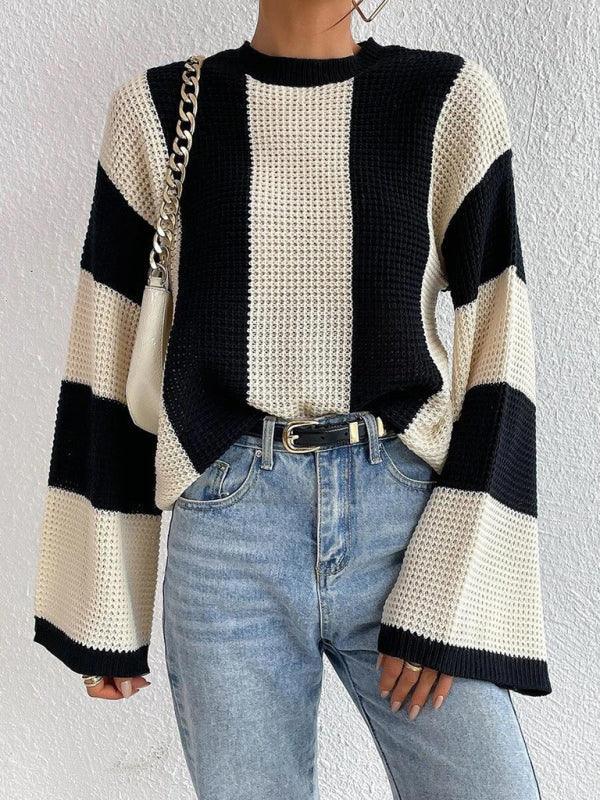 Women's tops round neck thick stitched wide striped sweater - 808Lush