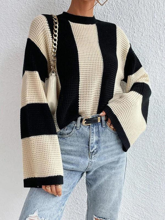 Women's tops round neck thick stitched wide striped sweater - 808Lush