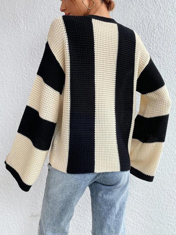 Women's tops round neck thick stitched wide striped sweater - 808Lush