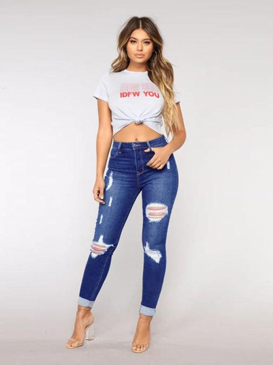 Women's trendy fashion ripped washed jeans - 808Lush